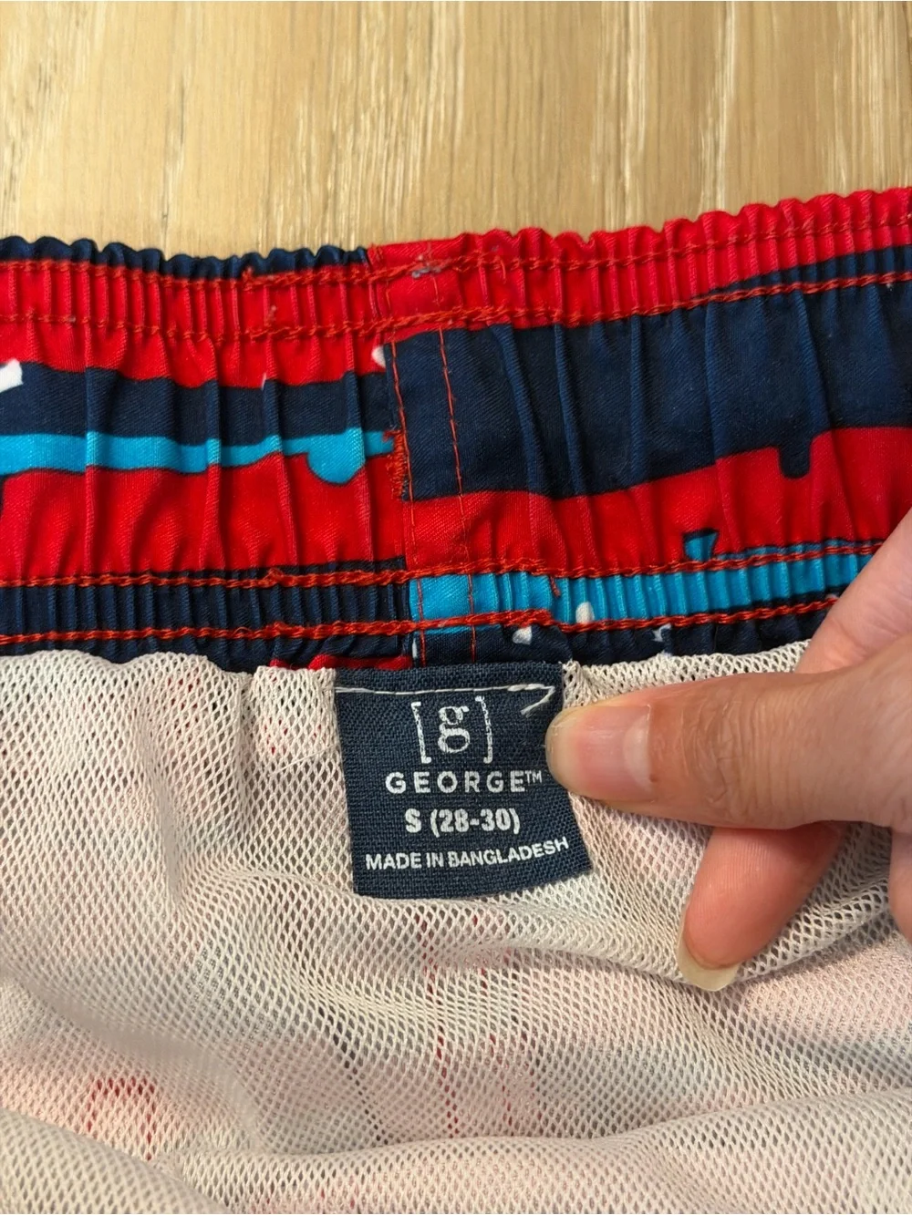 George Red & Navy Swim Trunks with Teal Stripe Accents